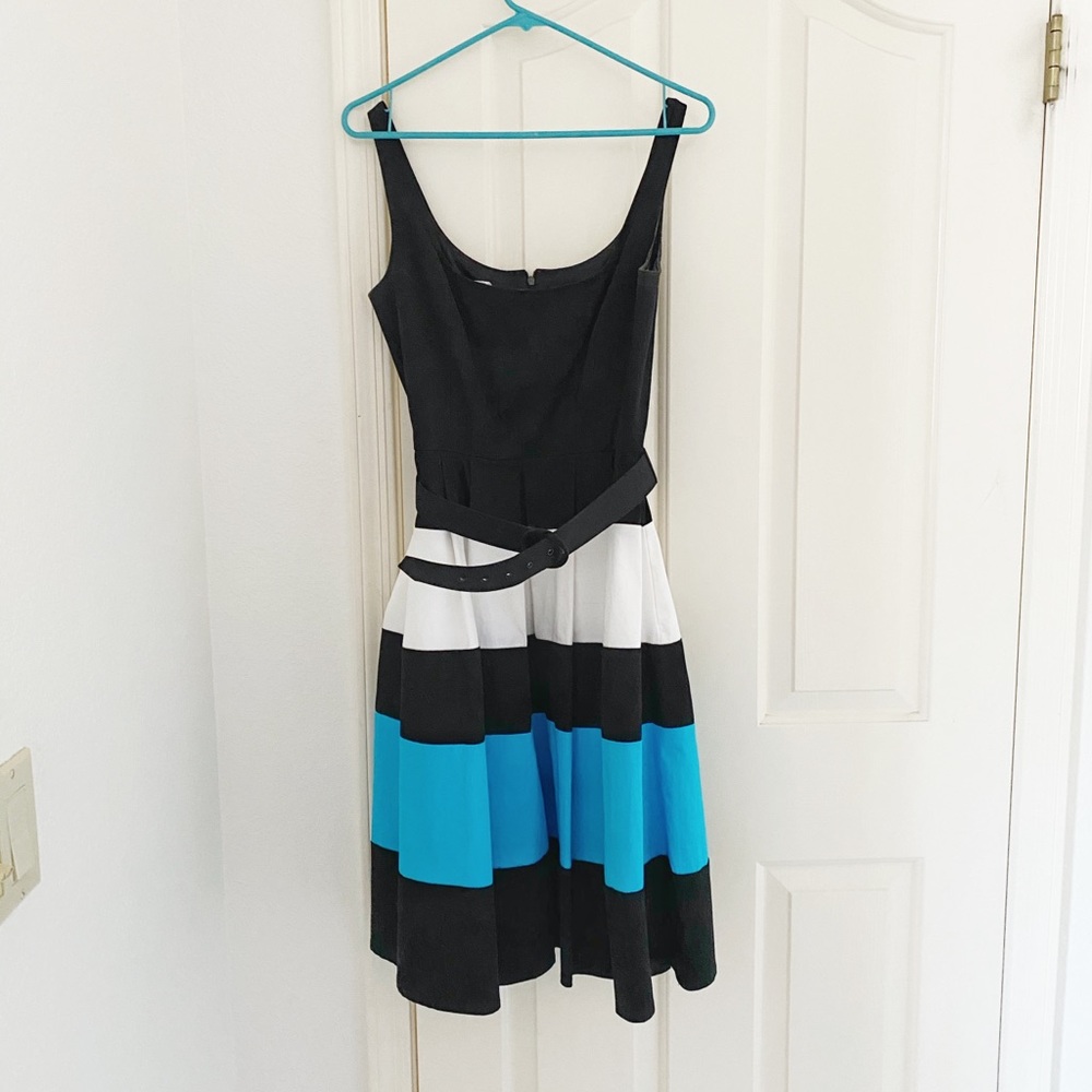 Maggy London Black, Blue, White Belted Dress
